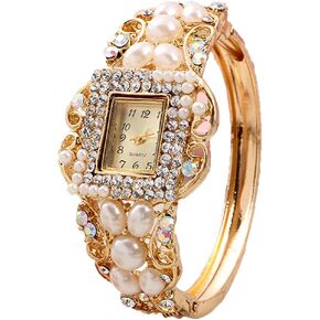CdyBox Women Pearl Flower Bracelet Watch Square Dial Quartz Bangle Wrist Watch Lady Diamond Jewelry Watches
