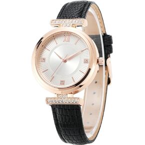 MOVEBEST Women's Watch, Classic Crystal Diamond Design Quartz Simulated Women's Watch, Black Breathable Leather Strap Rose Gold dial Women's Watch