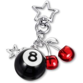 Lucky 8 Ball Keychain, Cute Acrylic Cherry Bag Charm Y2k Aesthetic Key Chain, Pool Ball Silver Star Keyring, Billiards Ball Keychain Accessories for Purse Handbag Women Creative Gift