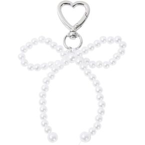 Pearl Bow Keychains for Women Silver Heart Keyring Y2k Bowknot KeyChains Beaded Charm Keychain for Backpack Purse
