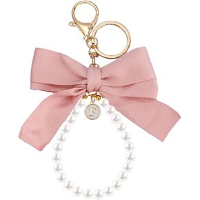SMUOBT Bow Keychain Initial Keychain for Women, Cute Keychain Pearl Key Chains for Car Keys Bow Keychain Accessories