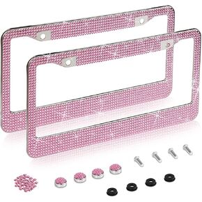 2 Pack Rhinestone Sparkly Glitter License Plate Tag Frames Crystal Premium Stainless Steel Covers for Women (Blue)