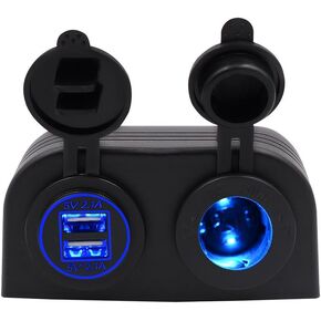 BlueFire Two Hole Tent Type Panel 4.2a Dual USB Charger + 12V/24V Cigarette Lighter Socket for Car Motorcycle Boat Marine ATV RV