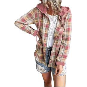 MakeMeChic Women's Plaid Long Sleeve Button Down Shirt Blouse Hooded Shackets Jacket