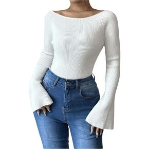 MakeMeChic Women's Bell Sleeve Sweater Boat Neck Knitted Slim Fitted Pullovers Top