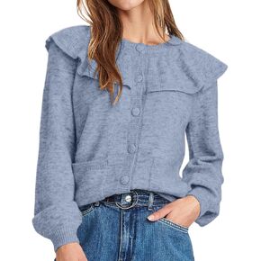 Women Ruffle Collar Button Down Cardigan Sweater Open Front Long Sleeve Knit Sweater Pullovers Top with Pockets