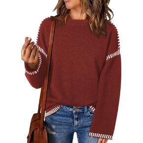 Women's Crewneck Long Sleeve Sweater Casual Fall Contrast Ribbed Knit Pullover Jumper Tops