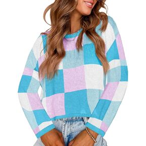 Saodimallsu Womens Cropped Sweater Checkered Color Block Fall Trendy Knit Crew Neck Long Sleeve Oversized Sweaters