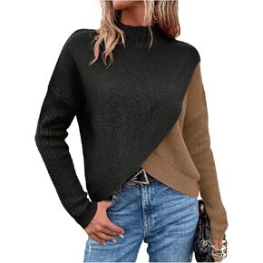 SOLY HUX Women's Color Block Mock Neck Sweater Long Sleeve Wrap Jumper Pullover Fall Knitwear