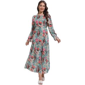 Women's Boho Long Sleeves Ruffle Round Neck Floral Print Flowy Beach Maxi Dress