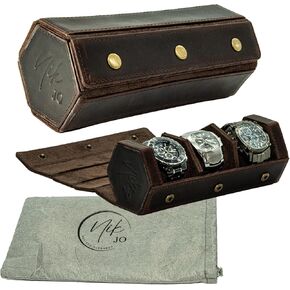 Leather Watch Roll Travel Case for Men, Hexagonal 3 Watch Travel Case For Men With Soft and Removable Pillows for Wristwatches & Smart Watches - Watch Case Travel, Brown