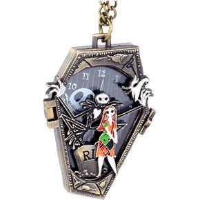 Ddjbdb Quartz Pocket Watch with Necklace Chain, Hollow Night-mare Design Mens Christmas Halloween Pocket Watches,Gift for Men Son with Box Bronze
