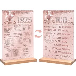 ديكور طاولة عيد الميلاد الـ 100 للنساء من Vlipoeasn الوردي، ملصق عتيق عام 1925، ظهر ذهبي وردي كبير في عام 1925 علامة طاولة أكريليك مع حامل، ديكور لم الشمل من الدرجة 100، مستلزمات حفلات عيد ميلاد عمرها 100 عام