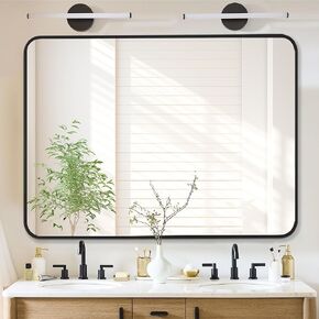 27x40 Inch Bathroom Mirror with Black Metal Frame, Rounded Corner Rectangle Mirror for Wall, Rectangular Vanity Mirror, Modern Large Mirror for Bedroom, Living Room, Horizontal or Vertical