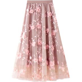 Women's Tulle Skirt Elastic Waist 3D Floral Print Tulle Skirts for Women