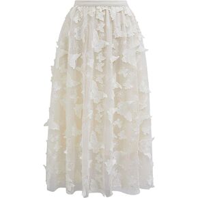 CHICWISH Women 3D Butterfly Embroidered Mesh Tulle Midi Skirt High Elastic Waist A-Line Fairy Skirts