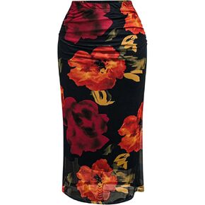 SOLY HUX Women's Plus Size Skirt Floral Print Mesh Ruched High Waisted Bodycon Long Skirts