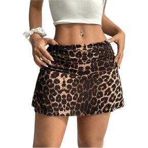 WDIRARA Women's Leopard Print A Line Mini Skirt Low Waisted Ruched Y2K Going Out Short Skirts