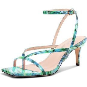 DearOnly Womens Square Toe Thong Strappy Kitten Heels Ankle Strap Party Dress Shoes Mid Heel Sandals 2.6 Inches Heels