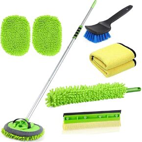 62'' Car Wash Brush Kit, Car Washing Cleaning Kit with Chenille Microfiber Car Wash Mop, Wheel/Tire Brush, Window Squeegee Car Duster and Microfiber Towels, Car Wash Set for Cars RV Truck Boat