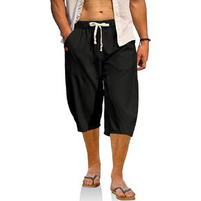 سراويل JMIERR للرجال من الكتان الحريم كابري فضفاضة تناسب 3/4 سراويل برباط خصر مطاطي كاجوال للشاطئ واليوجا in Kuwait