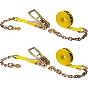 US Cargo Control 2 Inch x 27 Foot Ratchet Straps with Chain Ends and Grab Hooks (2 Pack), 2 Inch Ratchet Straps for Flatbed Trailers, Grade 70 Transport Chain End, Chain Hooks for 5/16" Chain