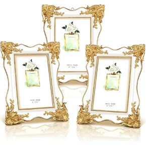 3 Pcs 4x6 Inch Vintage Picture Frame Trim Antique Ornate Resin Photo Frame with Easel and Hook for Tabletop Wall Art Decor Display Home Office(Gold,White,Pink)