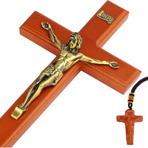 Bloowayee 15.4" Catholic Crucifix Wall Cross, Saint Benedict Wall Cross，Wooden Hanging Crosses with Jesus for Wall Décor, St Benedict medal Wall Art Faith Gift