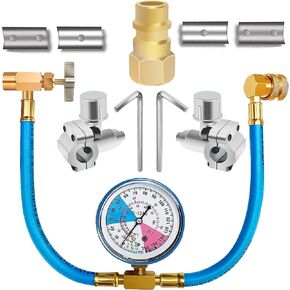 R134A A/C Refrigerant Freon Charge Hose with Gauge Set BPV31 Bullet Piercing Tap Valve Kits R134a Can to R12/R22 Port AC 1/2 Replace Universal Retrofit Valve Kit for AC/HVAC system (Gauge A)