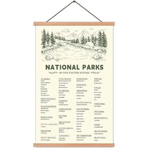 KAIRNE National Parks ABC Poster,Nature Scenery Alphabet Canvas Art Print,Travel Themed Wall Decor with Wood Magnetic Hanging Decoration(35X56CM) Alphabet of National Parks for Traveler Room Decor