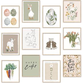 AnyDesign 12 Sheets Easter Wall Art Prints 8 x 10 Inch Easter Egg Bunny Carrot Paper Art Posters Pastel Room Decor Poster for Home Gallery Living Room Bedroom, Unframed