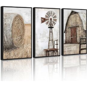 Drsoum Farmhouse Wall Art Vintage Rustic Windmill Barn Cornfield Pictures Framed Painting Landscape Countryside Rural Canvas Artwork Home Decor Ready to Hang 11x14in - Natural Framed