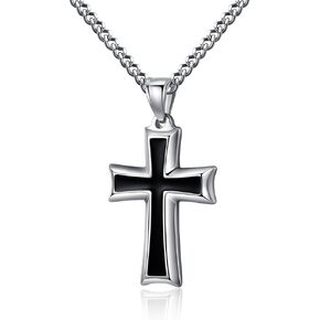 REVEMCN Reve Stainless Steel Black & Silver Cross Pendant Necklace for Men Women, 20-24 Inches Curb Chain