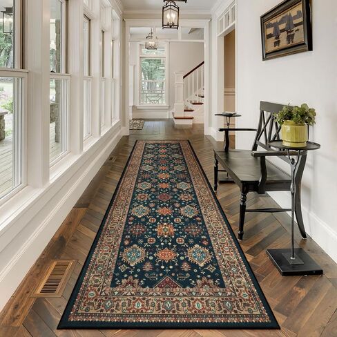 Oriental Hallway Runner Rug, 2'5''X8' Kitchen Runner Rugs Non Skid Washable Runner, Navy Blue Bathroom Runner Rugs with Rubber Backing, Indoor Carpet Runner Rugs for Entryway Bedroom Laundry in Saudi Arabia
