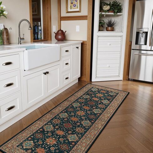 Oriental Hallway Runner Rug, 2'5''X8' Kitchen Runner Rugs Non Skid Washable Runner, Navy Blue Bathroom Runner Rugs with Rubber Backing, Indoor Carpet Runner Rugs for Entryway Bedroom Laundry in Saudi Arabia