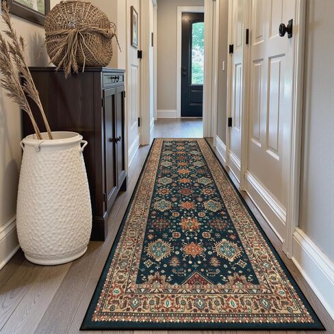 Oriental Hallway Runner Rug, 2'5''X8' Kitchen Runner Rugs Non Skid Washable Runner, Navy Blue Bathroom Runner Rugs with Rubber Backing, Indoor Carpet Runner Rugs for Entryway Bedroom Laundry in Saudi Arabia