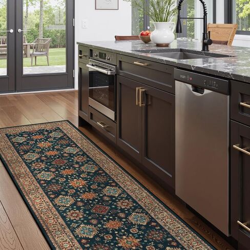 Oriental Hallway Runner Rug, 2'5''X8' Kitchen Runner Rugs Non Skid Washable Runner, Navy Blue Bathroom Runner Rugs with Rubber Backing, Indoor Carpet Runner Rugs for Entryway Bedroom Laundry in Saudi Arabia