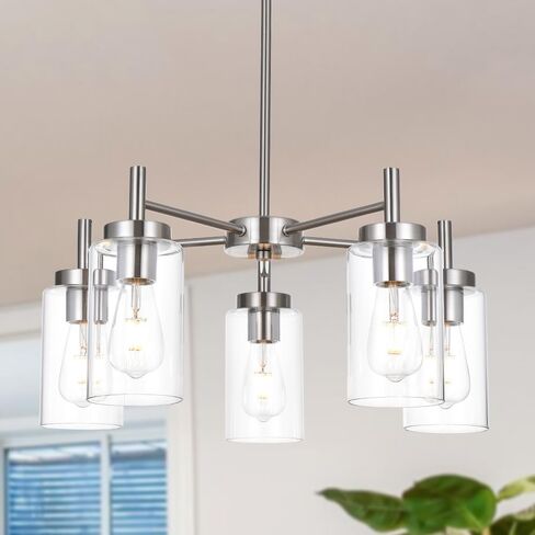 VINLUZ Contemporary 5 Light Large Chandeliers Modern Clear Glass Shades Pendant Lighting Brushed Polished Nickel Dining Room Lighting Fixtures Hanging Adjustable Wire Semi Flush Ceiling Lights in Kuwait