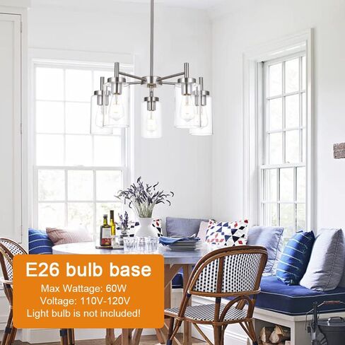 VINLUZ Contemporary 5 Light Large Chandeliers Modern Clear Glass Shades Pendant Lighting Brushed Polished Nickel Dining Room Lighting Fixtures Hanging Adjustable Wire Semi Flush Ceiling Lights in Kuwait