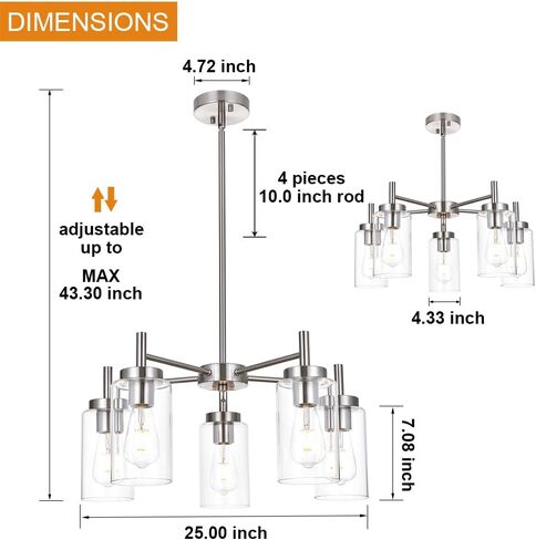 VINLUZ Contemporary 5 Light Large Chandeliers Modern Clear Glass Shades Pendant Lighting Brushed Polished Nickel Dining Room Lighting Fixtures Hanging Adjustable Wire Semi Flush Ceiling Lights in Kuwait