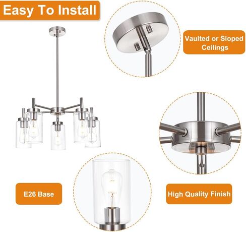 VINLUZ Contemporary 5 Light Large Chandeliers Modern Clear Glass Shades Pendant Lighting Brushed Polished Nickel Dining Room Lighting Fixtures Hanging Adjustable Wire Semi Flush Ceiling Lights in Kuwait