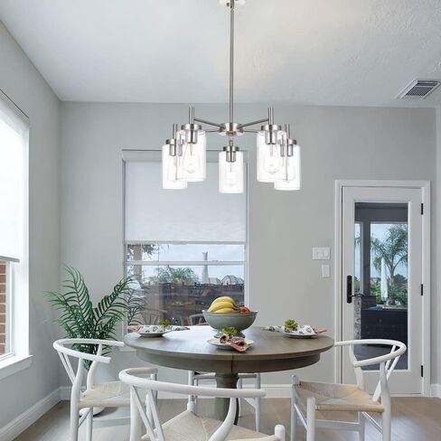 VINLUZ Contemporary 5 Light Large Chandeliers Modern Clear Glass Shades Pendant Lighting Brushed Polished Nickel Dining Room Lighting Fixtures Hanging Adjustable Wire Semi Flush Ceiling Lights in Kuwait