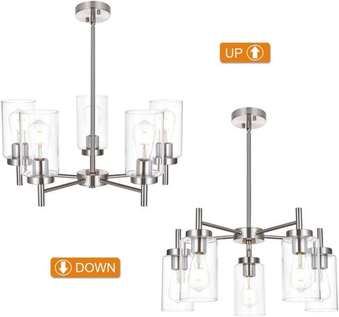 VINLUZ Contemporary 5 Light Large Chandeliers Modern Clear Glass Shades Pendant Lighting Brushed Polished Nickel Dining Room Lighting Fixtures Hanging Adjustable Wire Semi Flush Ceiling Lights in Kuwait