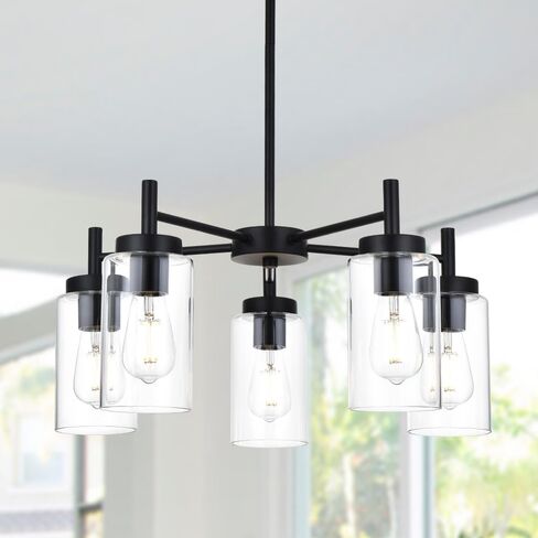 VINLUZ Contemporary 5 Light Large Chandeliers Modern Clear Glass Shades Pendant Lighting Brushed Polished Nickel Dining Room Lighting Fixtures Hanging Adjustable Wire Semi Flush Ceiling Lights in Kuwait