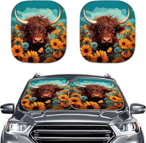 ZFRXIGN Highland Cattle Sunflower Car Windshield Sun Shade for Women Car Decor Auto Front Window Sunshade Visor Shield Cover Sun Shield Protector Wildlife Cow Western in Kuwait