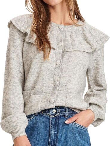 Women Ruffle Collar Button Down Cardigan Sweater Open Front Long Sleeve Knit Sweater Pullovers Top with Pockets in Saudi Arabia