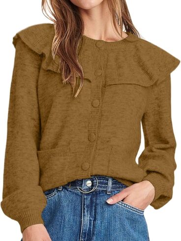 Women Ruffle Collar Button Down Cardigan Sweater Open Front Long Sleeve Knit Sweater Pullovers Top with Pockets in Saudi Arabia