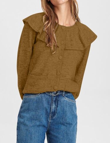 Women Ruffle Collar Button Down Cardigan Sweater Open Front Long Sleeve Knit Sweater Pullovers Top with Pockets in Saudi Arabia