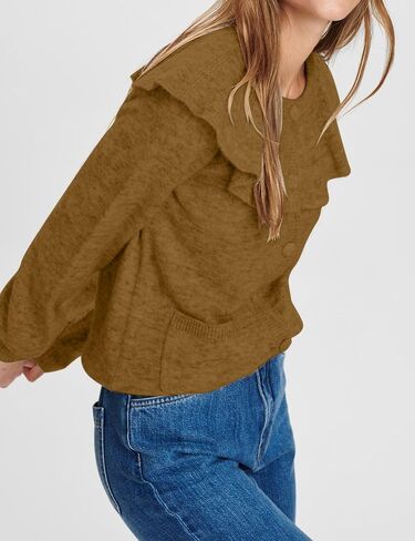 Women Ruffle Collar Button Down Cardigan Sweater Open Front Long Sleeve Knit Sweater Pullovers Top with Pockets in Saudi Arabia