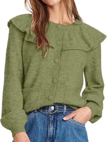 Women Ruffle Collar Button Down Cardigan Sweater Open Front Long Sleeve Knit Sweater Pullovers Top with Pockets in Saudi Arabia